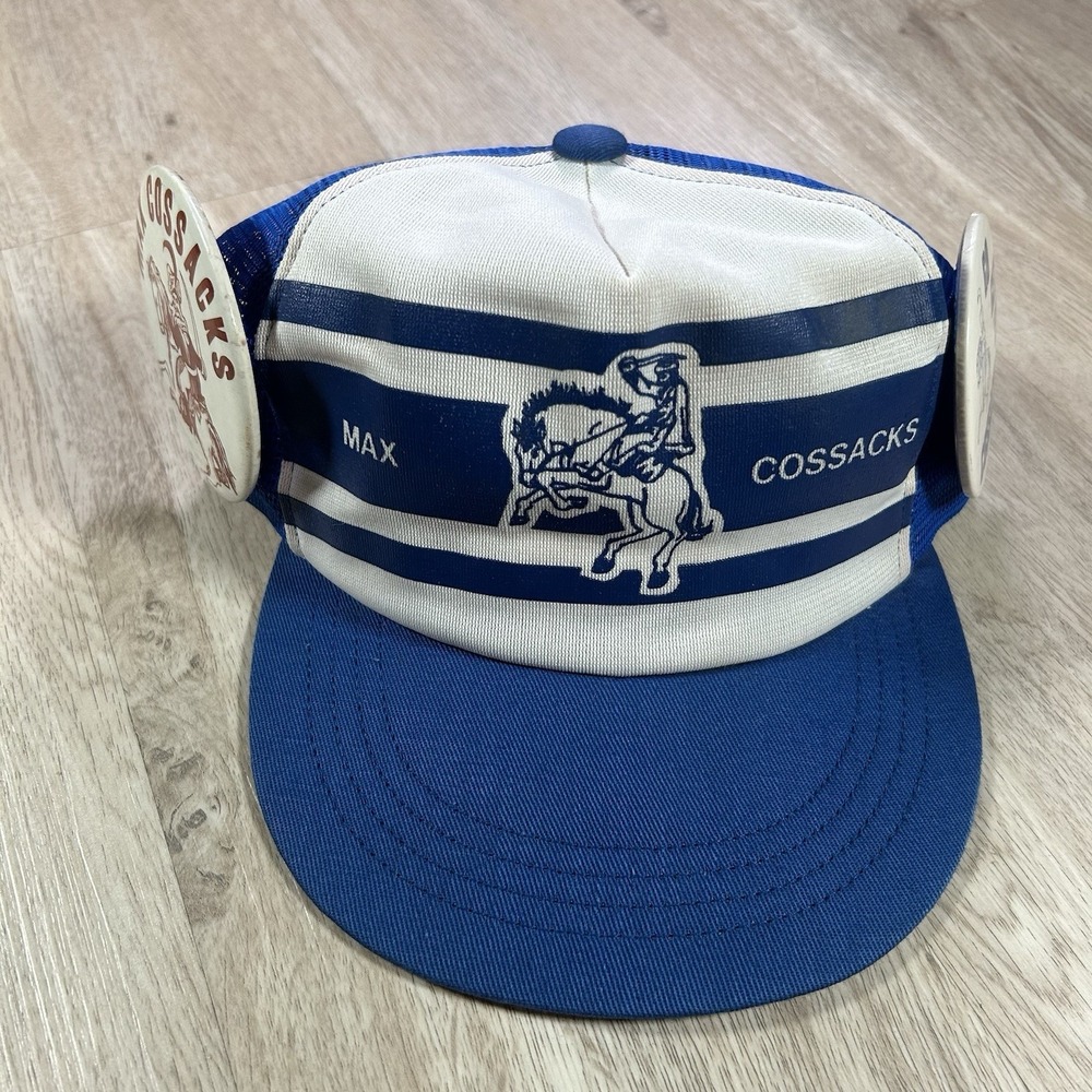 VTG 80s Max Cossacks Snapback Hat Blue White Made in USA Trucker Cap 3 Pins